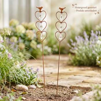 2er Set Lieblicher Gartenstecker Herzen mit Steinchen und Vogel ca. 100 cm - Gartendekoration